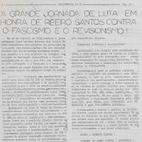 Página do jornal "Resistência", n.º 3, de setembro-outubro 1973, dedicada às manifestações em honra de Ribeiro Santos, realizadas em Lisboa no 1.º aniversário do seu assassinato pela PIDE/DGS
