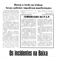 Notícia do Diário de Lisboa de 13-10-1973 sobre as manifestações do dia anterior, no 1.º aniversário do assassinato de Ribeiro Santos pela PIDE/DGS