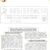 Primeira página do jornal "Resistência", n.º 1, de agosto de 1971, órgão da Resistência Popular Anti-Colonial (RPA-C), organização dos soldados e marinheiros revolucionários