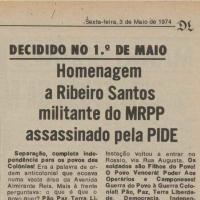 Notícia da homenagem a Ribeiro Santos decidida no 1.º de maio de 1974