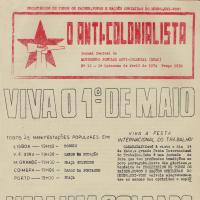 Capa de O Anti-Colonialista n.º 12, 1.ª quinzena Abril 1974, Jornal Central do Movimento Popular Anti-Colonial (MPAC). Convovca para as manifestações do 1.º de maio de 1974 em 5 localidades.