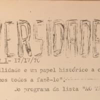 Cabeçalho do comunicado n.º 1 da Comissão Eleitoral da AAFDL, de 17-04-1970, para apresentação da lista "Pela Universidade do Povo", integrada por Ribeiro Santos