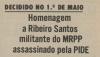 Homenagem a Ribeiro Santos decidida no 1.º de maio de 1974