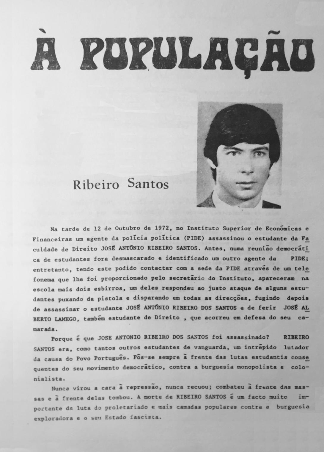 Tarjeta "À População" - distribuída, sob variadas formas, após o assassinato de Ribeiro Santos pela PIDE/DGS