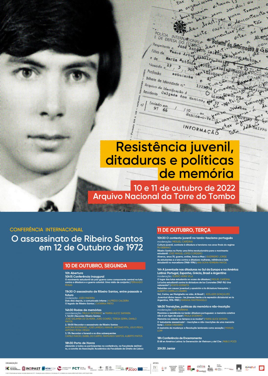 Cartaz da Conferência Inrternacional "Resistência Juvenil, ditaduras e políticas de memória - O assassinato de Ribeiro Santos em 12 de Outubro de 1972"